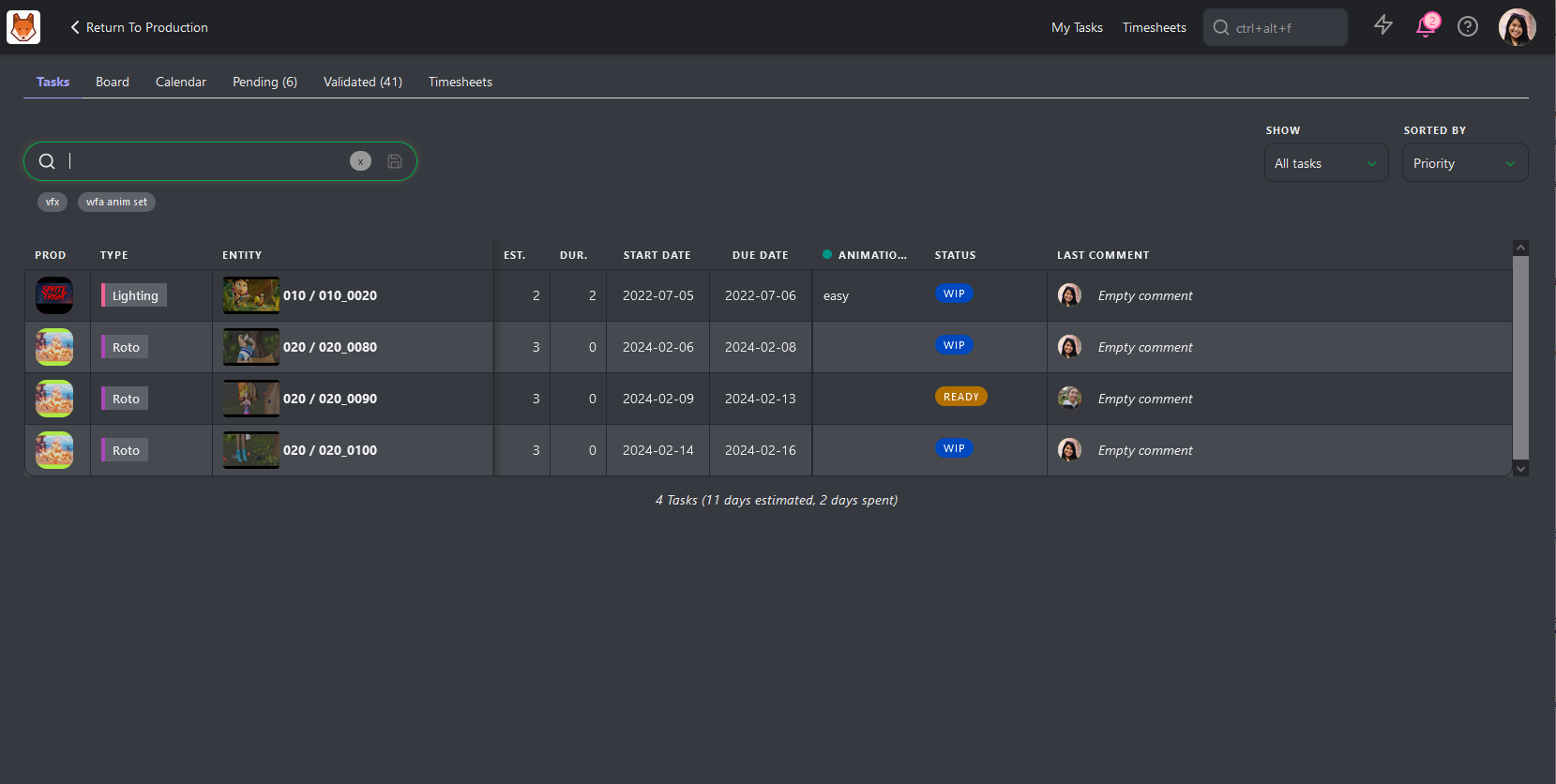 My tasks page